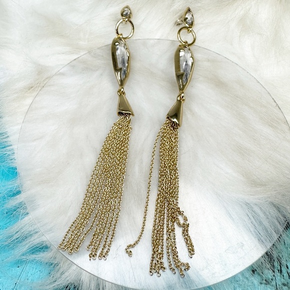 Alexis Bittar Gold Crystal Long Tassel Earrings Post Gold Plate NWOT 4 1/2" - Picture 9 of 10